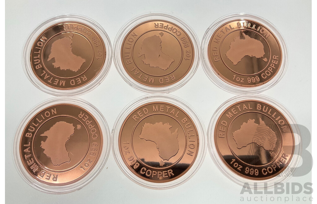 Six Australian Red Metal Bullion One Ounce Copper Coins
