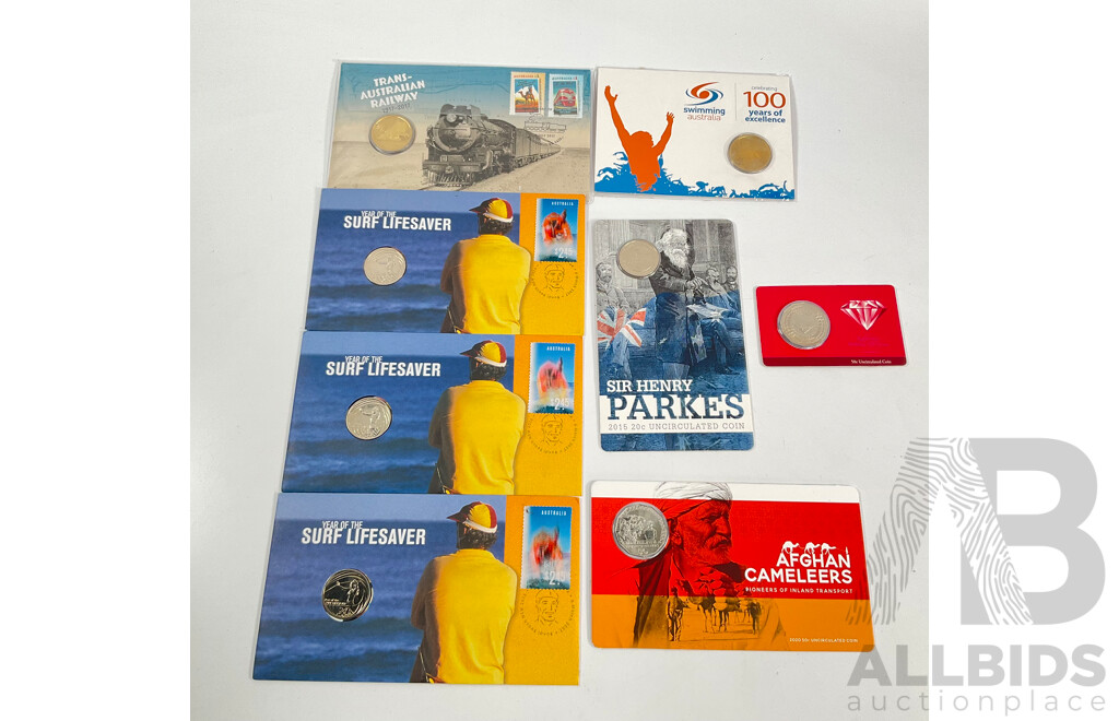 Collection of Australian UNC Coins and PNCs Including 2020 Fifty Cent, Afghan Cameleers, 2015 Twenty Cent Sir Henry Parkes, 2007 Fifty Cent Royal 60th Wedding Anniversary, 2009 One Dollar, 100 Years of Excellence.............