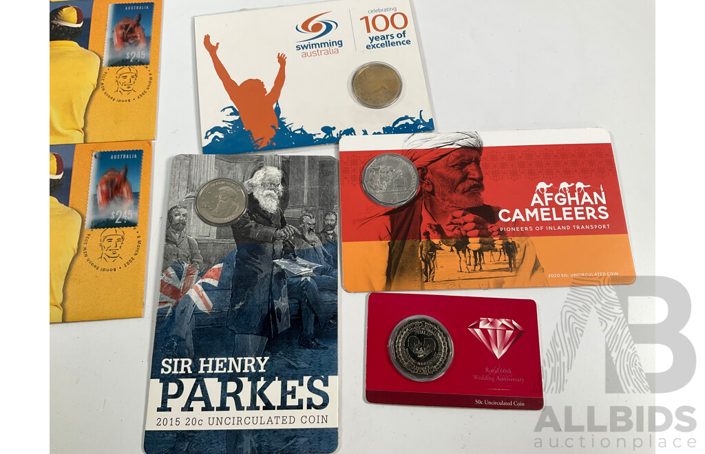 Collection of Australian UNC Coins and PNCs Including 2020 Fifty Cent, Afghan Cameleers, 2015 Twenty Cent Sir Henry Parkes, 2007 Fifty Cent Royal 60th Wedding Anniversary, 2009 One Dollar, 100 Years of Excellence.............