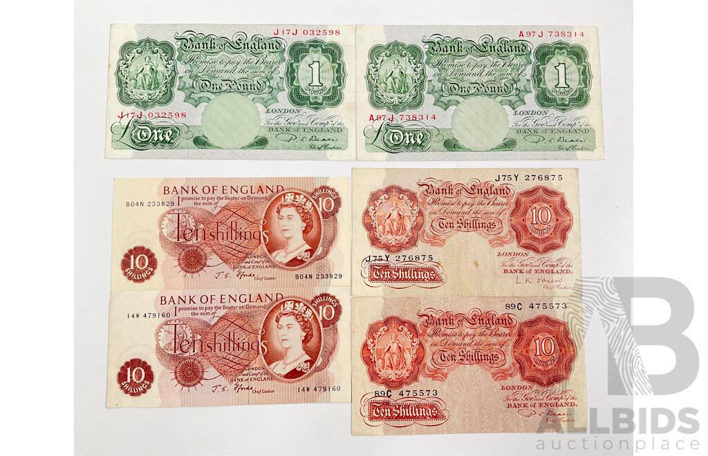 Six Vintage United Kingdom Banknotes Including Two One Pounds and Four Ten Shillings