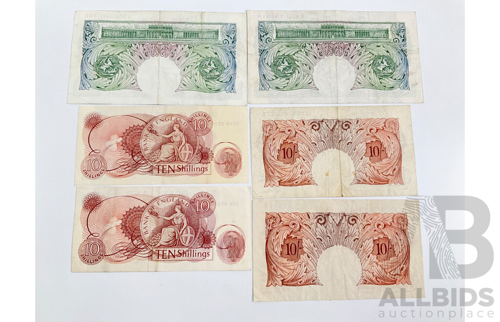 Six Vintage United Kingdom Banknotes Including Two One Pounds and Four Ten Shillings