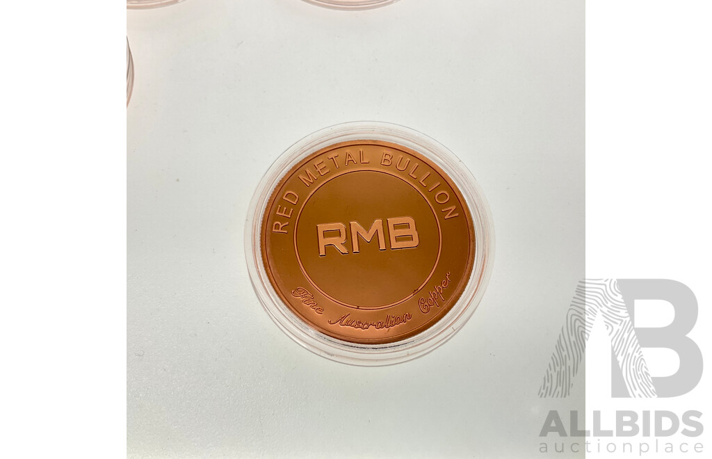 Five Australian Red Metal Bullion One Ounce Copper Coins, Red Poppy Remembrance, Lest We Forget