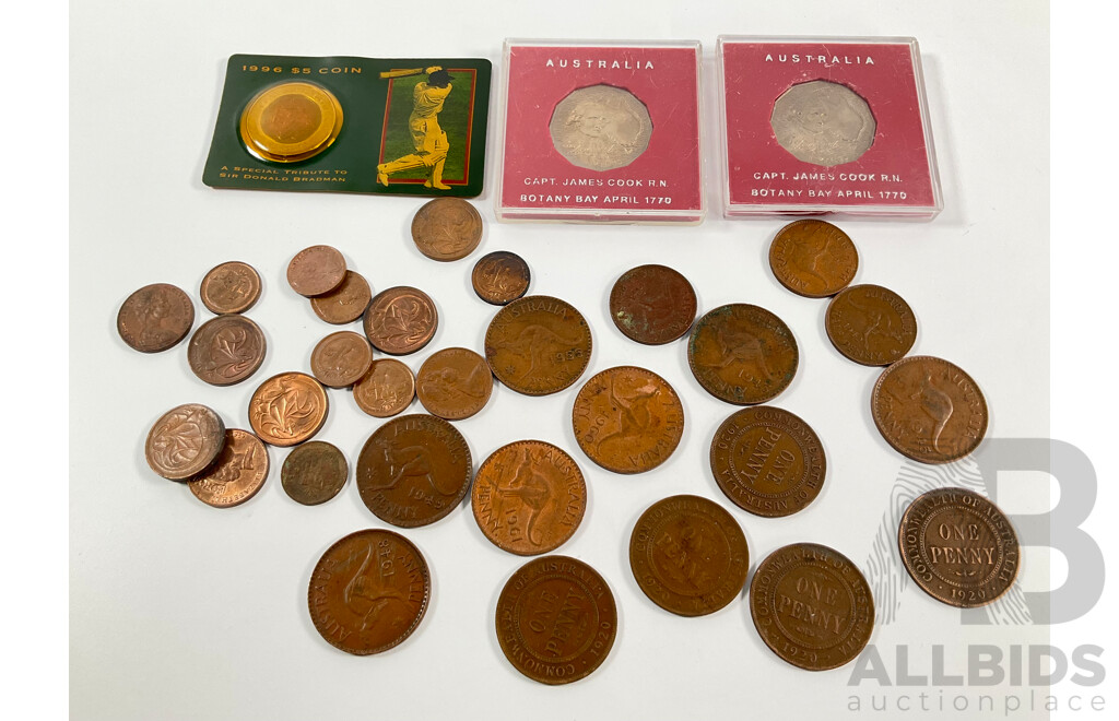 Australian 1996 Commemorative Five Dollar Coin, Tribute to Donald Bradman, Two 1970 Fifty Cents, Captain Cook, Collection of Pennies and Half Spanning 1920 to 1963, One and Two Cent Coins