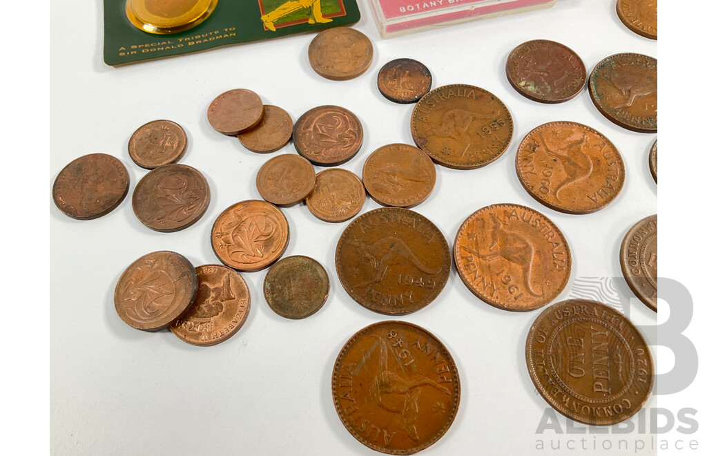 Australian 1996 Commemorative Five Dollar Coin, Tribute to Donald Bradman, Two 1970 Fifty Cents, Captain Cook, Collection of Pennies and Half Spanning 1920 to 1963, One and Two Cent Coins