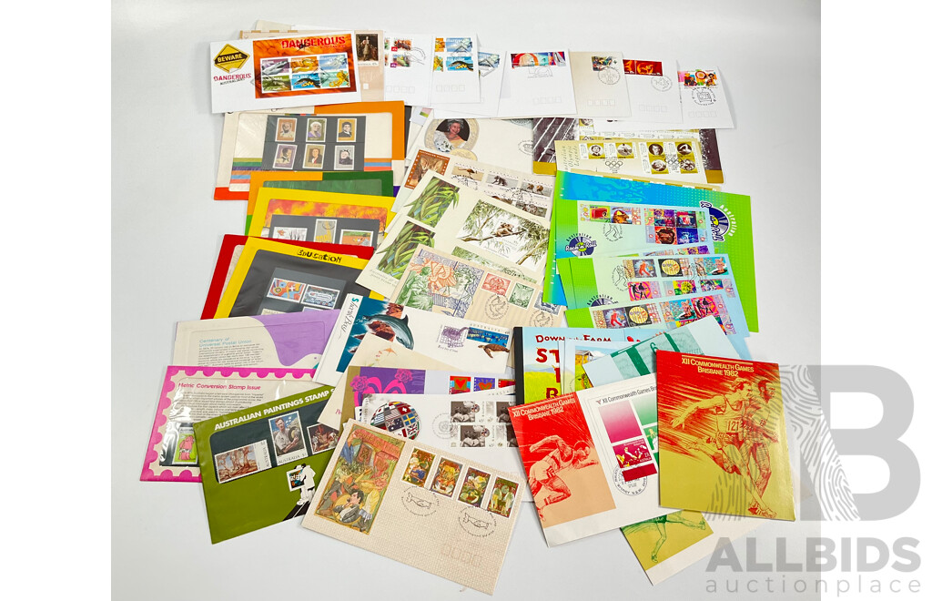 Collection of Australian Stamp Packs and First Day Covers Including Ten 1970's Examples, Australian Paintings Stamp Series, Down on the Farm Stamp Fun Book, 1982 Commonwealth Games Set, Australian Rock and Roll, Olympic Legends Sets