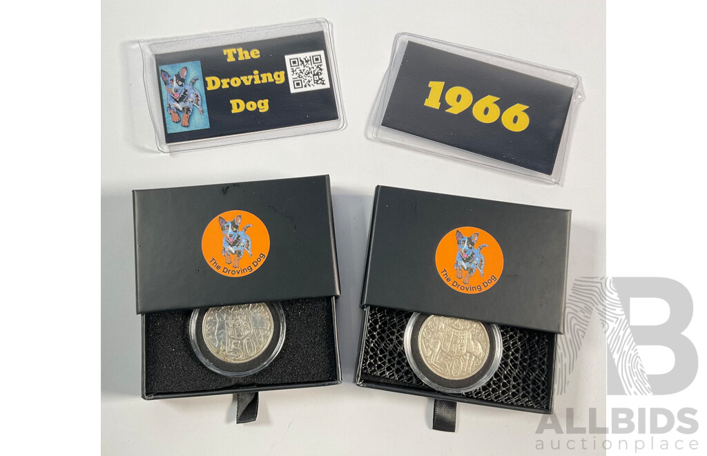 Two Australian 1966 Round Silver Fifty Cent Coins, The Droving Dog Gift Packs .800