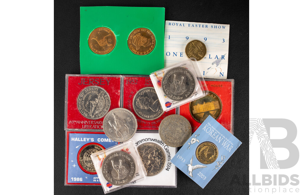 Australian Commemorative One Dollar Coins, 2003 Korea War and 1993 Landcare, Pair of Two Up Coins, United Kingdom, Falklands Islands 1977 Jubilee Coins, Jersey 1985 Two Pound Coin.............