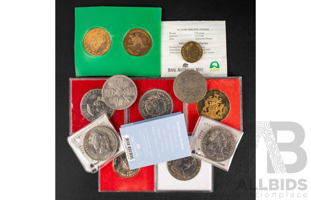 Australian Commemorative One Dollar Coins, 2003 Korea War and 1993 Landcare, Pair of Two Up Coins, United Kingdom, Falklands Islands 1977 Jubilee Coins, Jersey 1985 Two Pound Coin.............