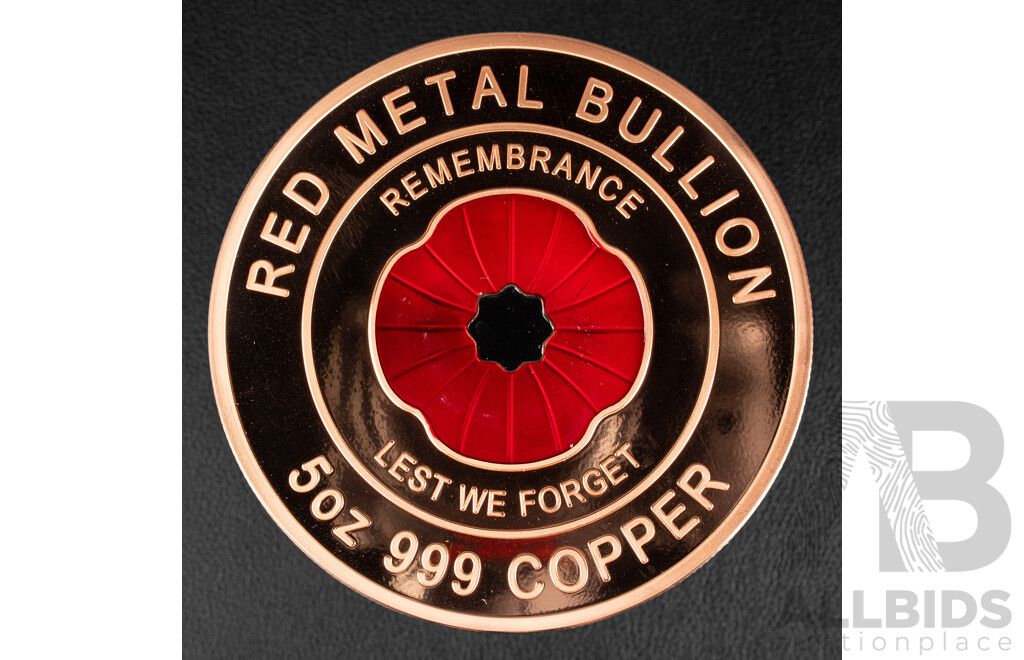 Australian Red Metal Bullion Five Ounce Copper Coin, Red Poppy Remembrance, Lest We Forget