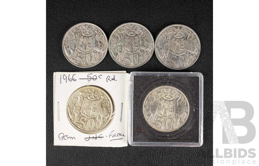 Five Australian 1966 Round Silver Fifty Cent Coins .800
