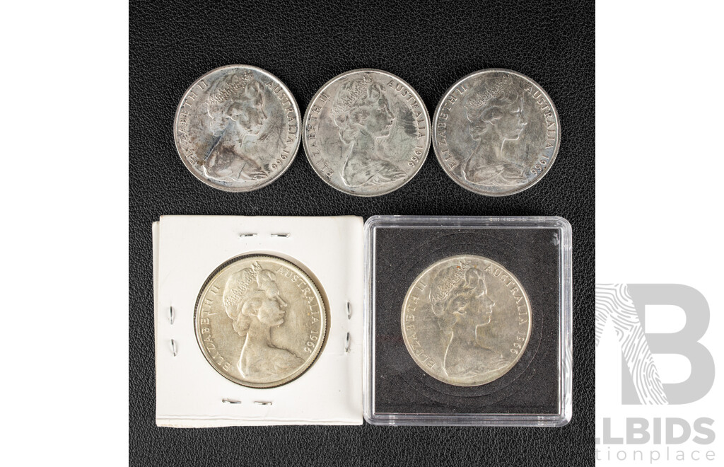 Five Australian 1966 Round Silver Fifty Cent Coins .800