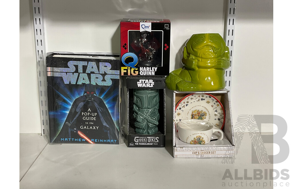 Star Wars Pop Up Guide to the Galaxy, Geeki Tikis Mandalorian Mug and Ceramic Vase, Boxed Harley Quinn Figure, Harry Potter Cup and Saucer Set