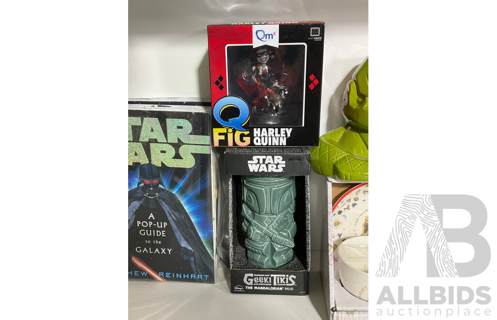 Star Wars Pop Up Guide to the Galaxy, Geeki Tikis Mandalorian Mug and Ceramic Vase, Boxed Harley Quinn Figure, Harry Potter Cup and Saucer Set
