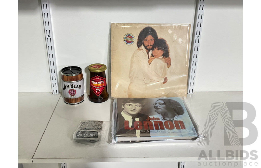 John Lennon Illustrated Biography, Streisand, Guilty Vinyl Record, Vintage Vegemite Jar, Jim Beam Money Box, Belt Buckles Including Wild North Rum Pewter Belt Buckle