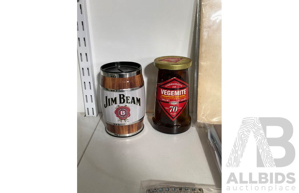 John Lennon Illustrated Biography, Streisand, Guilty Vinyl Record, Vintage Vegemite Jar, Jim Beam Money Box, Belt Buckles Including Wild North Rum Pewter Belt Buckle