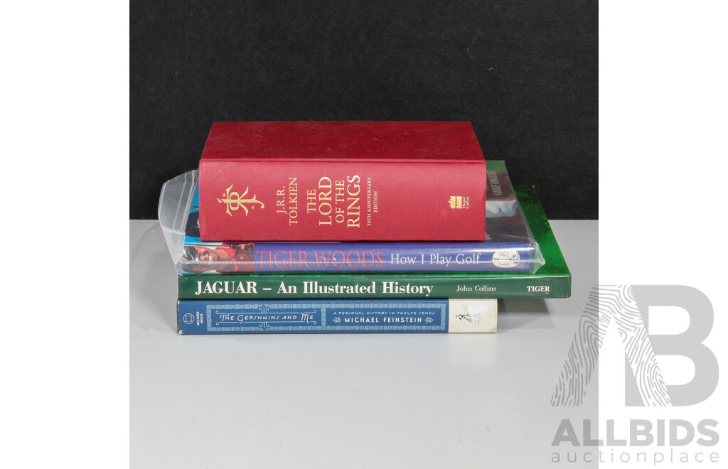 Collection of Hard Cover Books Including J.R.R Tolkien's Lord of the Rings, Tiger Woods How I Play Golf, Jaguar - Illustrated History, The Gershwins and Me