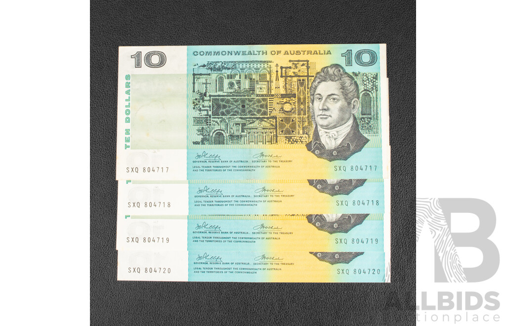 Four Australian 1972 Ten Dollar Note R304, Phillips/Wheeler Consecutive SXQ 804717 - SXQ 804720