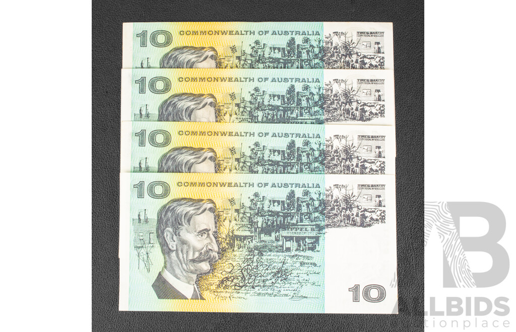 Four Australian 1972 Ten Dollar Note R304, Phillips/Wheeler Consecutive SXQ 804717 - SXQ 804720