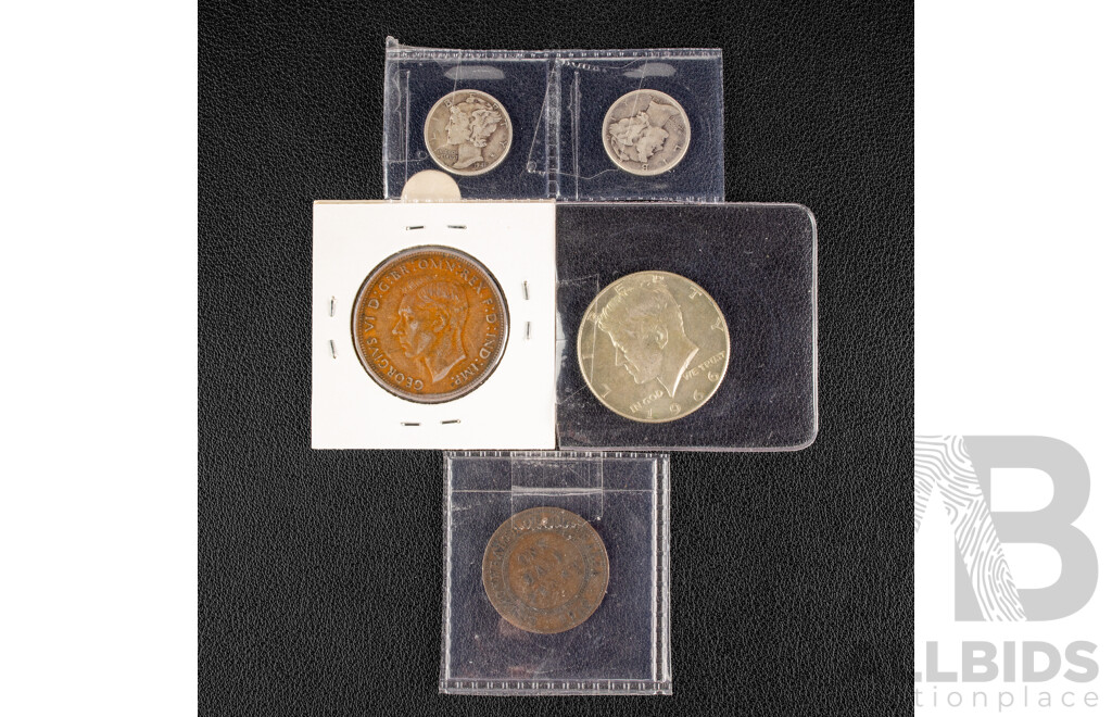 Australian 1946 KGVI Penny, 1915H Half Penny, USA 1966 Silver Kennedy Half Dollar, 1941, 1942 Silver Mercury Dimes
