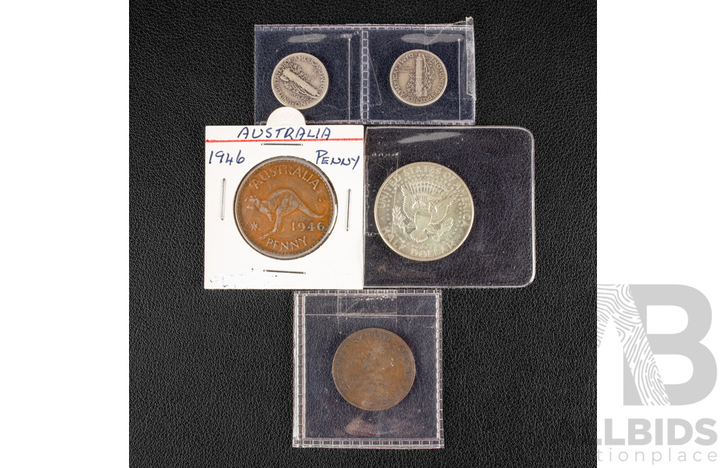 Australian 1946 KGVI Penny, 1915H Half Penny, USA 1966 Silver Kennedy Half Dollar, 1941, 1942 Silver Mercury Dimes
