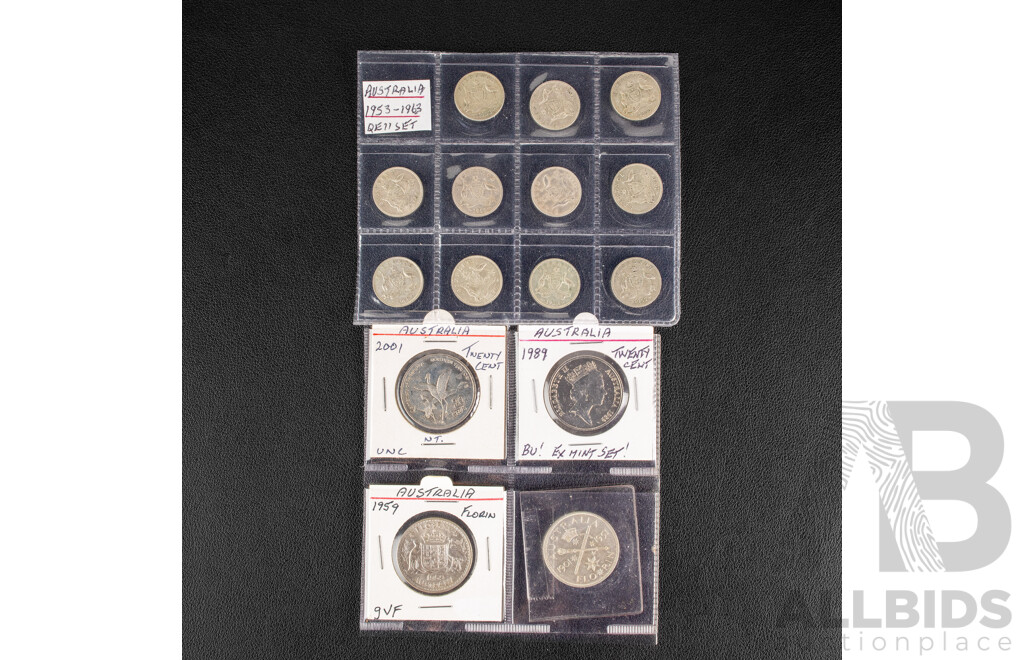 Australian 1951 KGVI Silver Florin, Commemorative Federation, Eleven Silver Sixpence Consecutive 1953 to 1963, Two UNC Twenty Cent Coins, 1989 and 2001 Northern Territory Federation