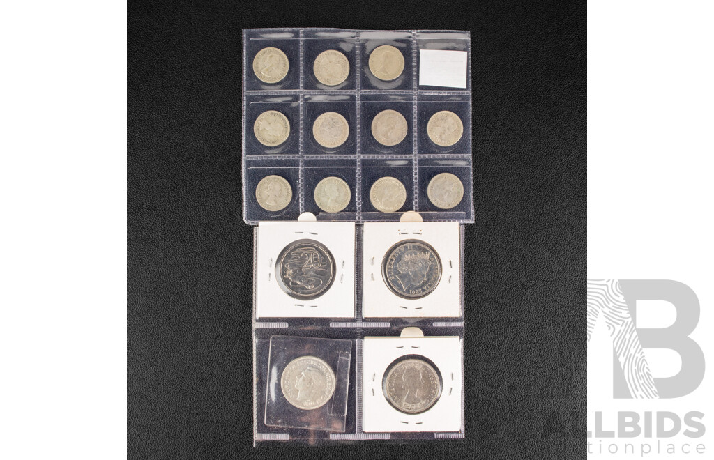 Australian 1951 KGVI Silver Florin, Commemorative Federation, Eleven Silver Sixpence Consecutive 1953 to 1963, Two UNC Twenty Cent Coins, 1989 and 2001 Northern Territory Federation