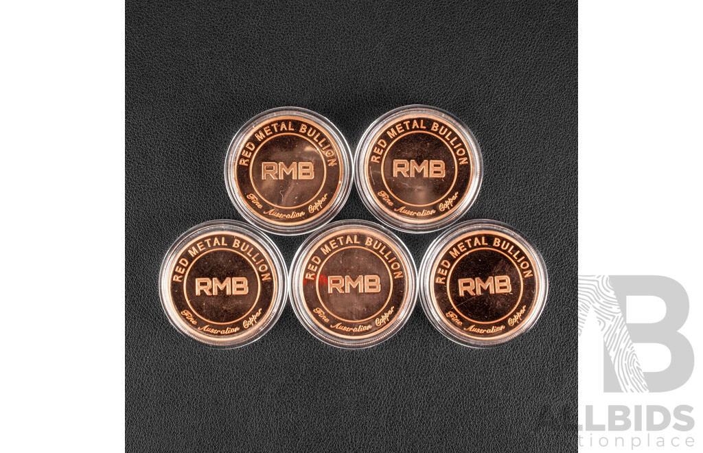 Five Australian Red Metal Bullion One Ounce Copper Coins