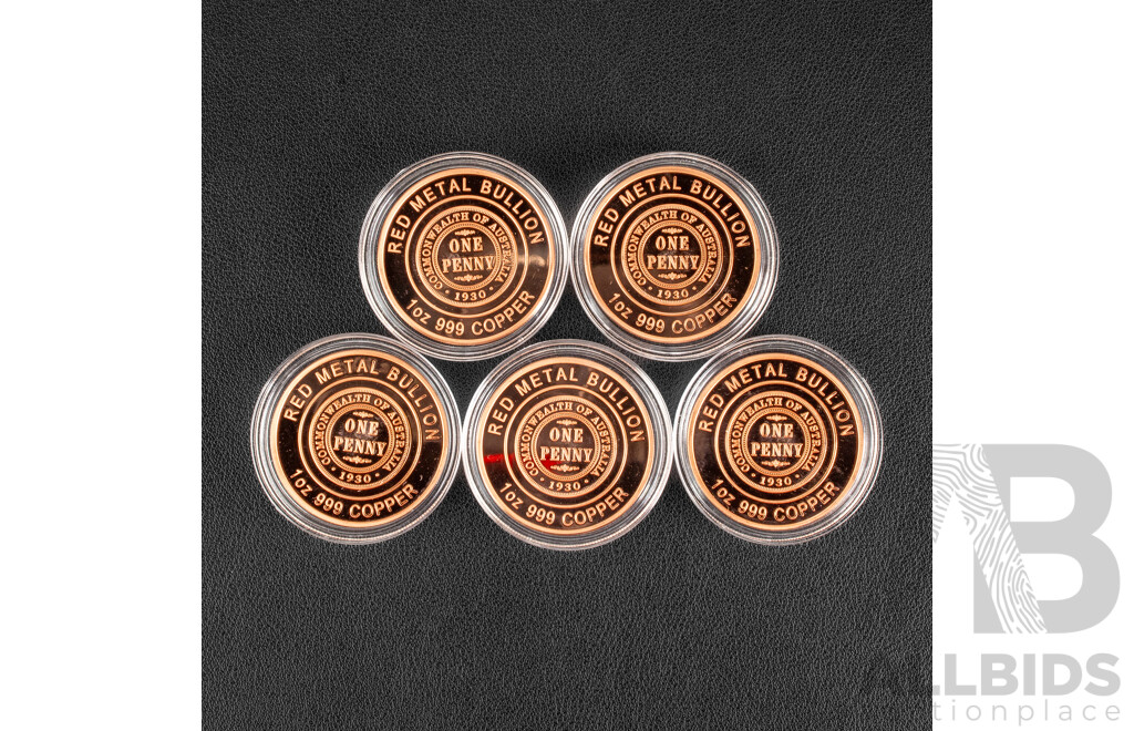 Five Australian Red Metal Bullion One Ounce Copper Coins