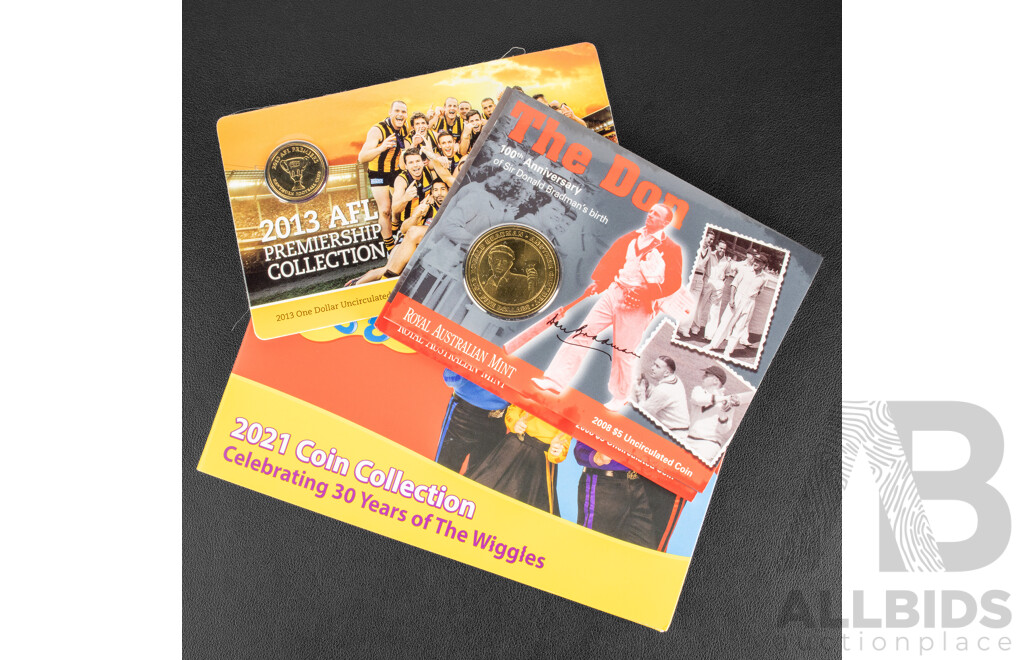 Australian 2021 Six UNC Coin Set, Wiggles 30 Year Anniversary, 2008 Five Dollar Coin, Donald Bradman 100th Birthday, 2013 One Dollar, Hawthorn Football Club
