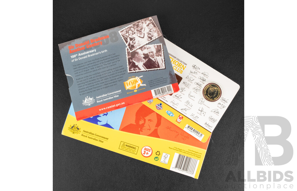 Australian 2021 Six UNC Coin Set, Wiggles 30 Year Anniversary, 2008 Five Dollar Coin, Donald Bradman 100th Birthday, 2013 One Dollar, Hawthorn Football Club