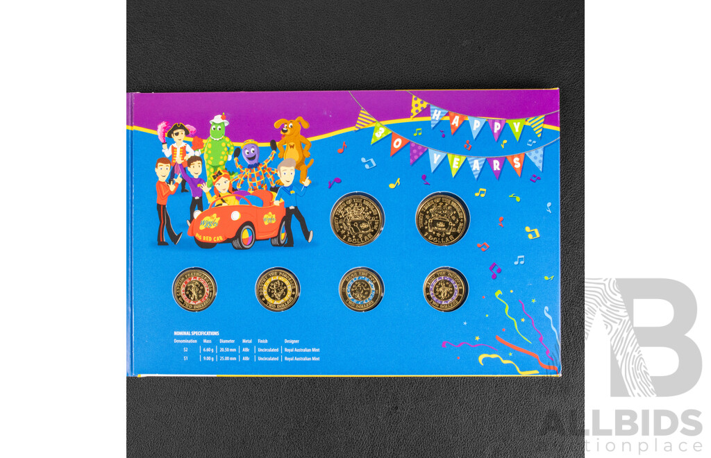 Australian 2021 Six UNC Coin Set, Wiggles 30 Year Anniversary, 2008 Five Dollar Coin, Donald Bradman 100th Birthday, 2013 One Dollar, Hawthorn Football Club