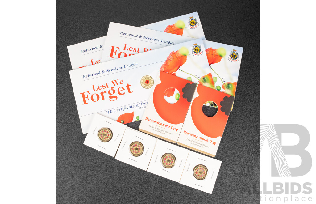 Four Australian 2025 Two Dollar Coins, Remembering World War Two, 80 Years and Remembrance Day Coin Cards