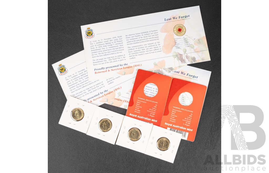 Four Australian 2025 Two Dollar Coins, Remembering World War Two, 80 Years and Remembrance Day Coin Cards