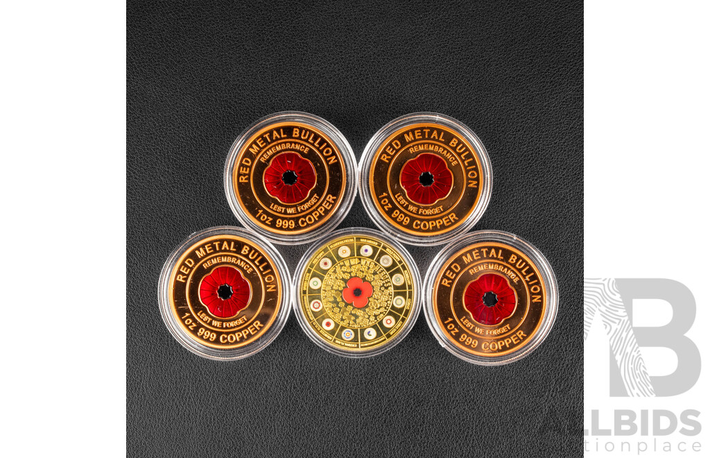 Four Australian Red Metal Bullion Five Ounce Copper Coin, Red Poppy Remembrance, Lest We Forget and Remembrance Red Poppy Medallion