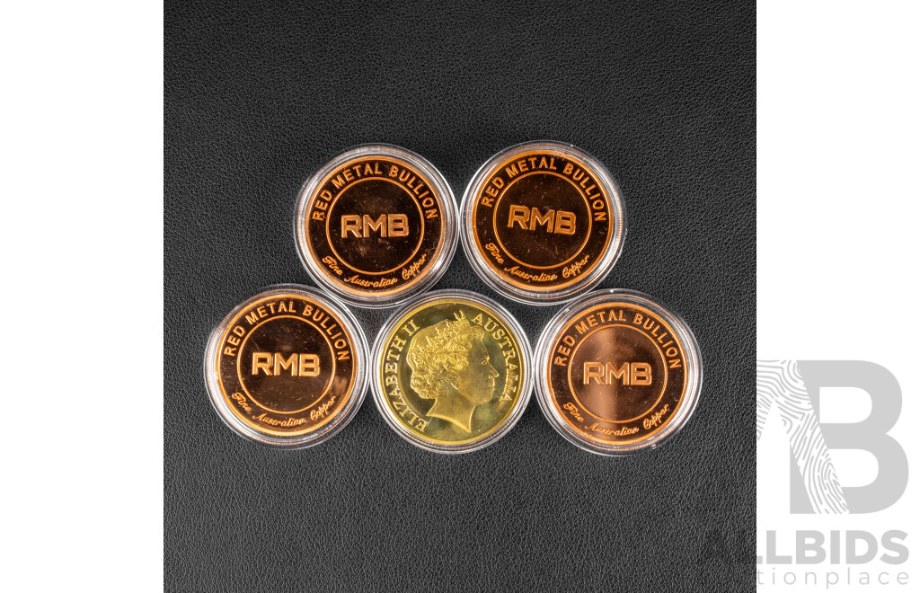 Four Australian Red Metal Bullion Five Ounce Copper Coin, Red Poppy Remembrance, Lest We Forget and Remembrance Red Poppy Medallion