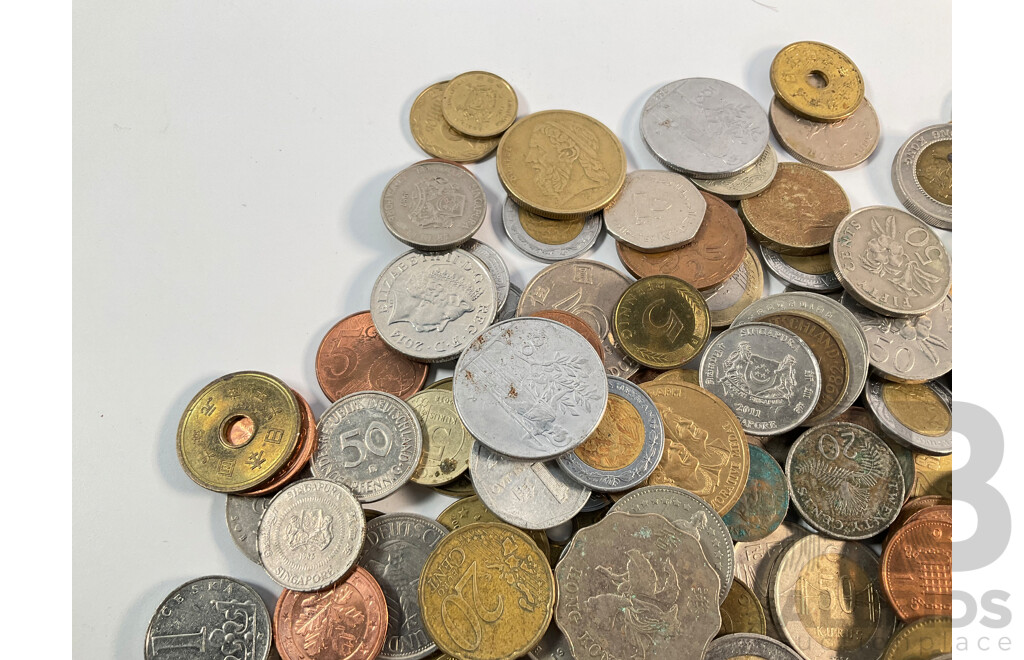 Collection of International Coins Including Germany, United Kingdom, Euro, Singapore, Italy, Greece, Denmark, Turkey - Approximately 980 Grams