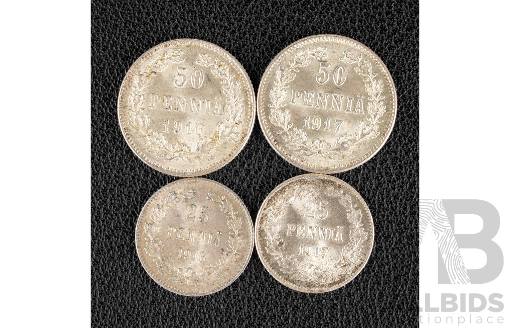 Finland 1916 and 1917 Silver Twenty Five Pennia Coins, 1916 and 1917 Silver Fifty Pennia Coins .750