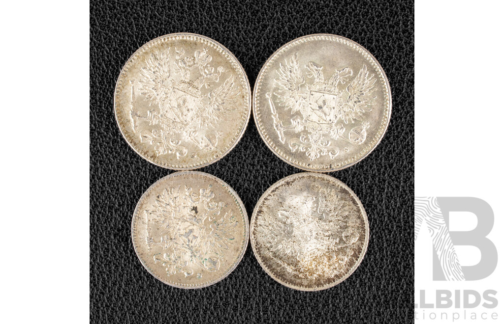 Finland 1916 and 1917 Silver Twenty Five Pennia Coins, 1916 and 1917 Silver Fifty Pennia Coins .750