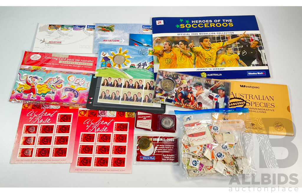 Australia 1994 Year of the Family PNC, Heroes of the Socceroos, Australian Species, Steve Waugh Medallion Sets, M.R Roberts 1986 Halley's Comet Medallion, Mint Stamp Mini Sheets, Scent of a Rose and William and Kate Wedding...............