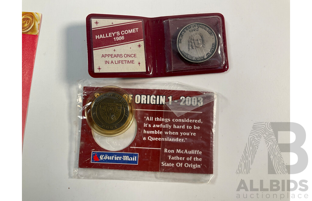 Australia 1994 Year of the Family PNC, Heroes of the Socceroos, Australian Species, Steve Waugh Medallion Sets, M.R Roberts 1986 Halley's Comet Medallion, Mint Stamp Mini Sheets, Scent of a Rose and William and Kate Wedding...............