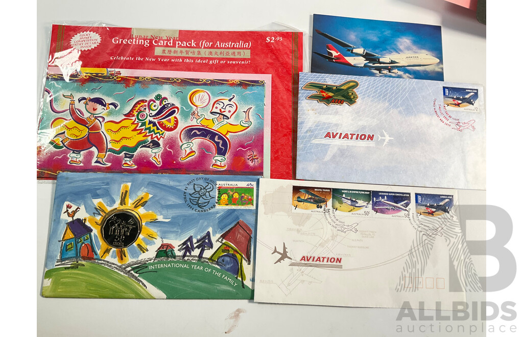 Australia 1994 Year of the Family PNC, Heroes of the Socceroos, Australian Species, Steve Waugh Medallion Sets, M.R Roberts 1986 Halley's Comet Medallion, Mint Stamp Mini Sheets, Scent of a Rose and William and Kate Wedding...............