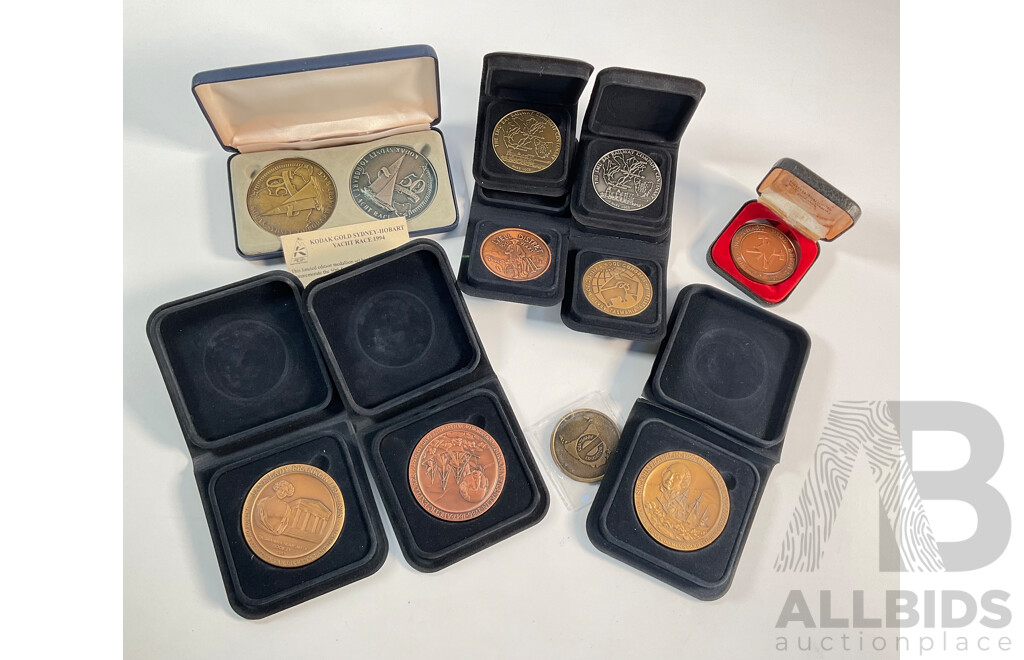 Collection of Australian Medallions Including Kodak Gold 1994 Sydney-Hobart Yacht Race Set, 1983 Hobart Fire Brigade, 1985 Tasmanian Education Department, Emu Bay Railway Company, 1989 Sheep and Wool Congress..............
