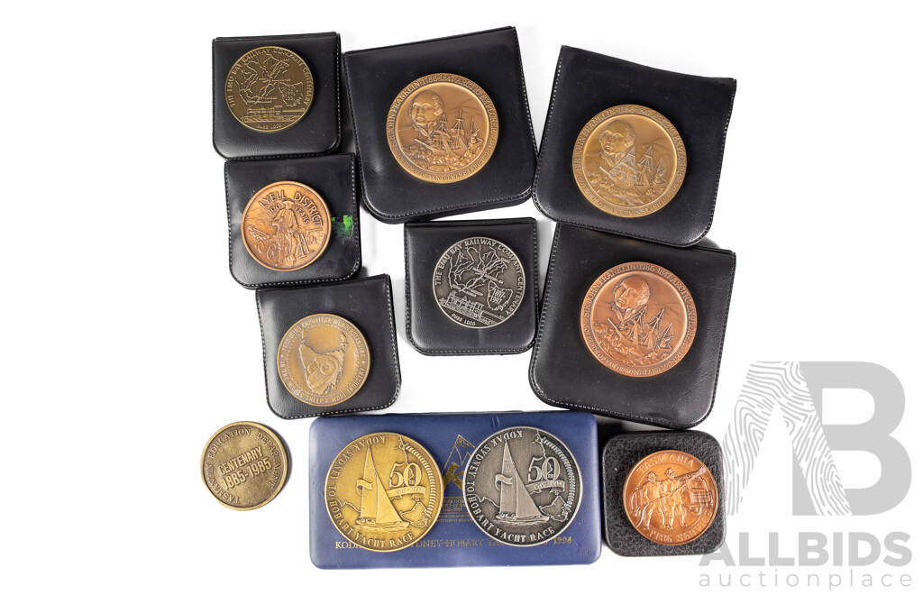 Collection of Australian Medallions Including Kodak Gold 1994 Sydney-Hobart Yacht Race Set, 1983 Hobart Fire Brigade, 1985 Tasmanian Education Department, Emu Bay Railway Company, 1989 Sheep and Wool Congress..............
