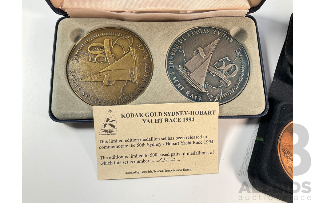 Collection of Australian Medallions Including Kodak Gold 1994 Sydney-Hobart Yacht Race Set, 1983 Hobart Fire Brigade, 1985 Tasmanian Education Department, Emu Bay Railway Company, 1989 Sheep and Wool Congress..............