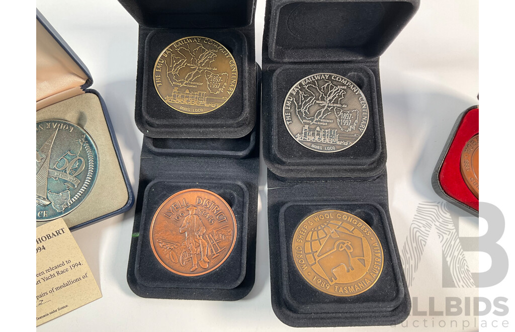 Collection of Australian Medallions Including Kodak Gold 1994 Sydney-Hobart Yacht Race Set, 1983 Hobart Fire Brigade, 1985 Tasmanian Education Department, Emu Bay Railway Company, 1989 Sheep and Wool Congress..............