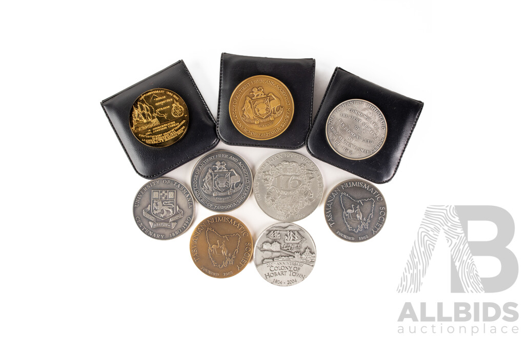 Collection of Tasmanian Medallions Including Two Masonic, Numismatic Society, Hobart Town, Botanical Gardens, University Centenary