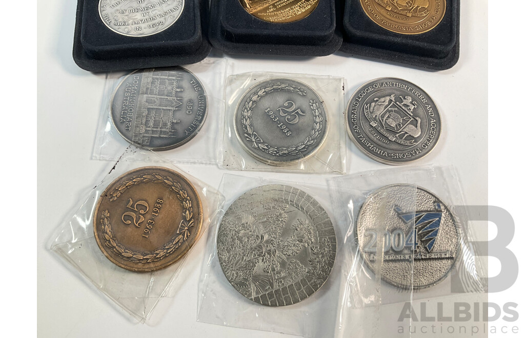 Collection of Tasmanian Medallions Including Two Masonic, Numismatic Society, Hobart Town, Botanical Gardens, University Centenary