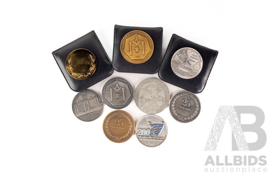 Collection of Tasmanian Medallions Including Two Masonic, Numismatic Society, Hobart Town, Botanical Gardens, University Centenary