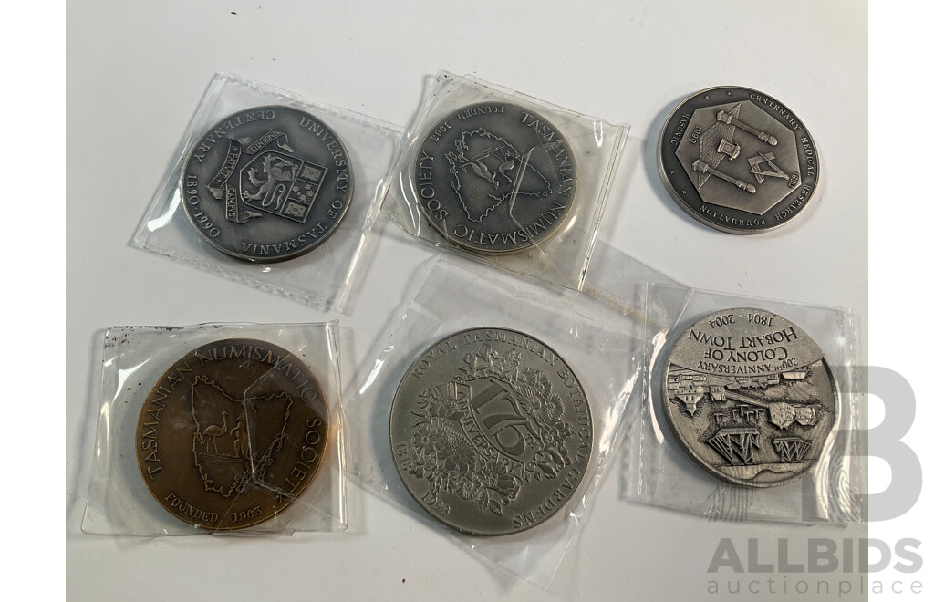 Collection of Tasmanian Medallions Including Two Masonic, Numismatic Society, Hobart Town, Botanical Gardens, University Centenary
