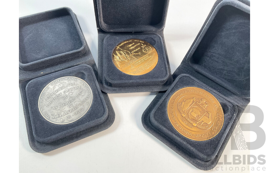 Collection of Tasmanian Medallions Including Two Masonic, Numismatic Society, Hobart Town, Botanical Gardens, University Centenary